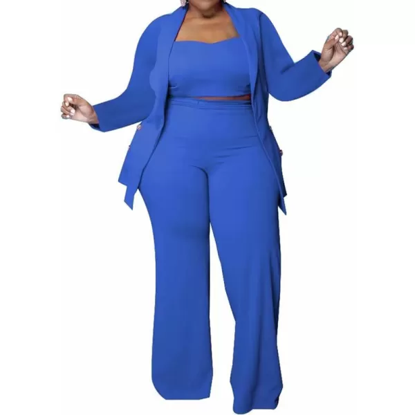 IyMoo Womens Plus Size 3 Piece Sets Outfit Tracksuit Crop Top Blazer Jacket and Wide Leg Long Pants Jumpsuit Romper SuitsRoyal Blue