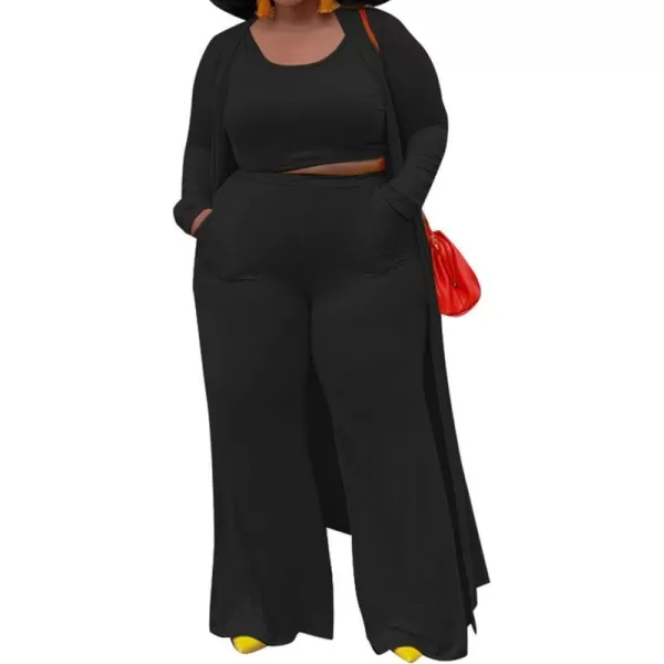IyMoo Womens Plus Size Cardigan Tank Crop Top and Wide Leg Long Pants Jumpsuit Romper Set 3 Piece Sets OutfitBlack