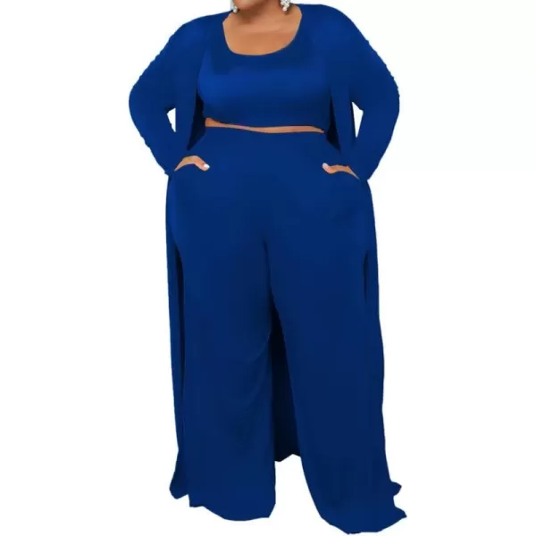 IyMoo Womens Plus Size Cardigan Tank Crop Top and Wide Leg Long Pants Jumpsuit Romper Set 3 Piece Sets OutfitBlue