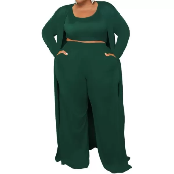 IyMoo Womens Plus Size Cardigan Tank Crop Top and Wide Leg Long Pants Jumpsuit Romper Set 3 Piece Sets OutfitGreen