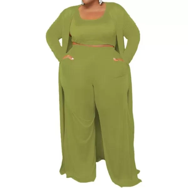 IyMoo Womens Plus Size Cardigan Tank Crop Top and Wide Leg Long Pants Jumpsuit Romper Set 3 Piece Sets OutfitLight Green