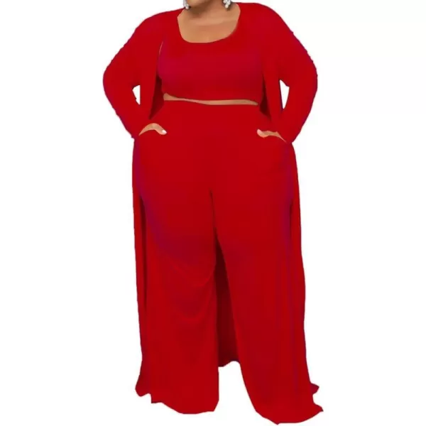 IyMoo Womens Plus Size Cardigan Tank Crop Top and Wide Leg Long Pants Jumpsuit Romper Set 3 Piece Sets OutfitRed