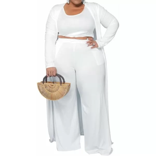 IyMoo Womens Plus Size Cardigan Tank Crop Top and Wide Leg Long Pants Jumpsuit Romper Set 3 Piece Sets OutfitWhite