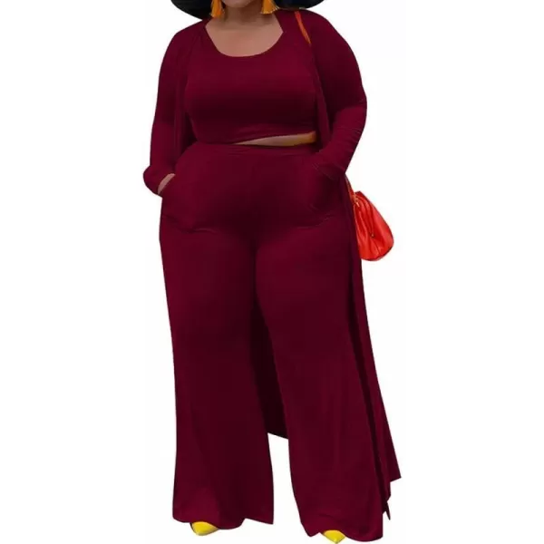 IyMoo Womens Plus Size Cardigan Tank Crop Top and Wide Leg Long Pants Jumpsuit Romper Set 3 Piece Sets OutfitWine Red