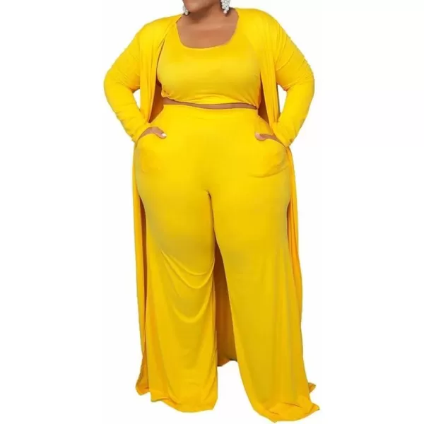 IyMoo Womens Plus Size Cardigan Tank Crop Top and Wide Leg Long Pants Jumpsuit Romper Set 3 Piece Sets OutfitYellow
