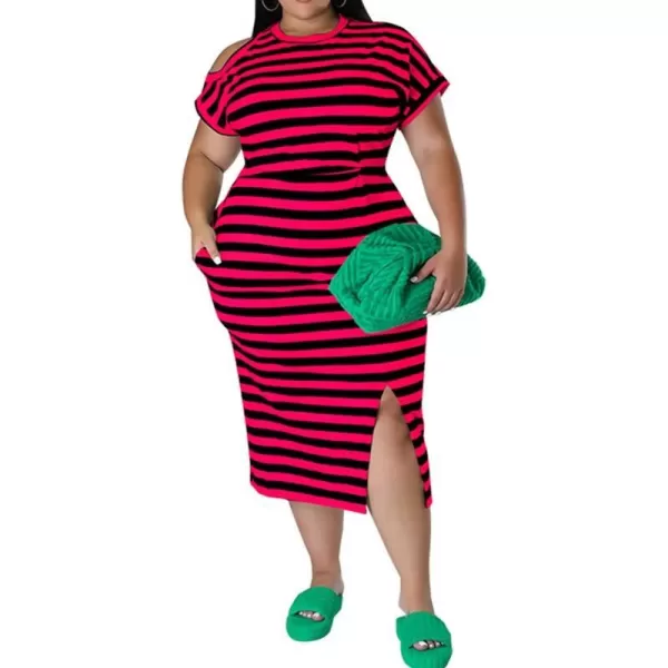 IyMoo Womens Plus Size Casual Cold Shoulder Cold Shoulder Short Sleeve Party Bodycon Sheath Ruched Dress with PocketsRose Red