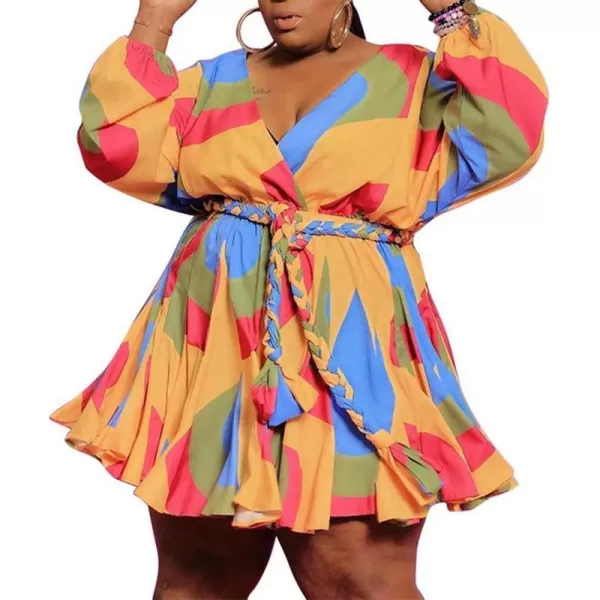 IyMoo Womens Plus Size Cute Shift Dress Belted Ruffle Wrap V Neck Swing Tunic Mini DressOrange
