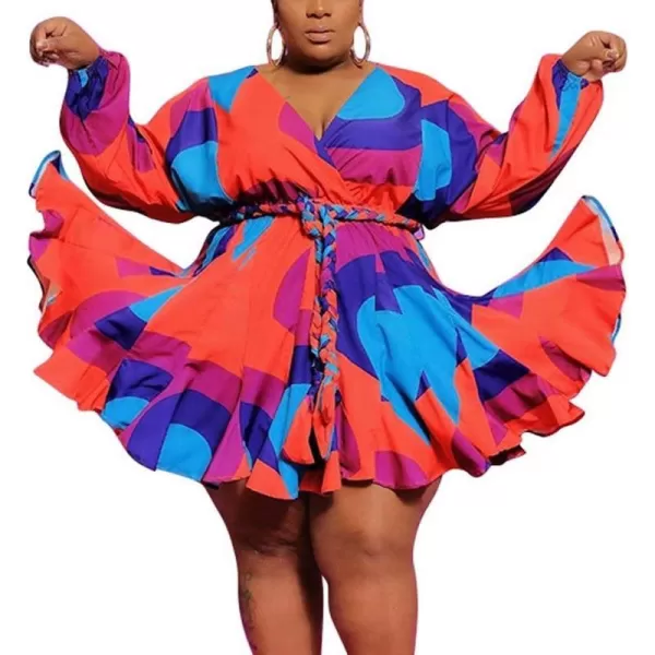 IyMoo Womens Plus Size Cute Shift Dress Belted Ruffle Wrap V Neck Swing Tunic Mini DressRed