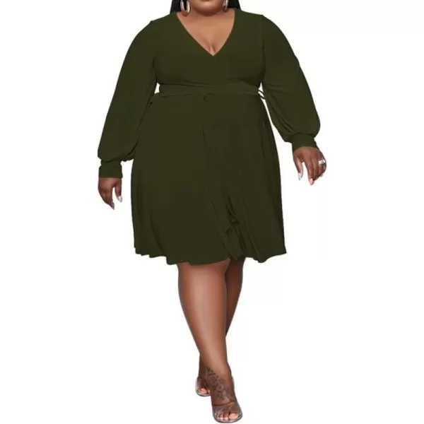 IyMoo Womens Plus Size Cute Shift Dress Belted Ruffle Wrap V Neck Swing Tunic Mini DressSolid Army Green