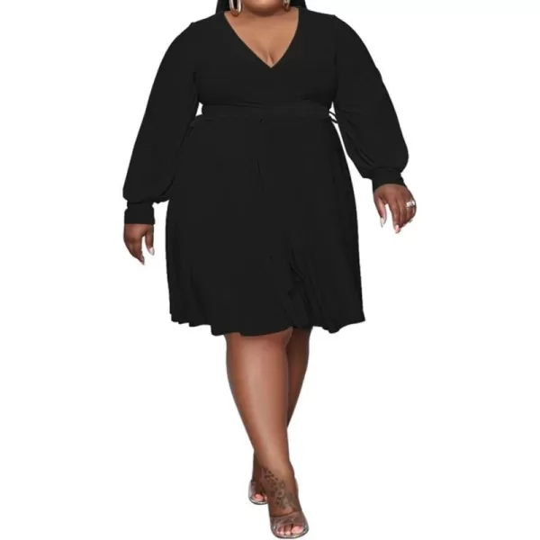 IyMoo Womens Plus Size Cute Shift Dress Belted Ruffle Wrap V Neck Swing Tunic Mini DressSolid Black