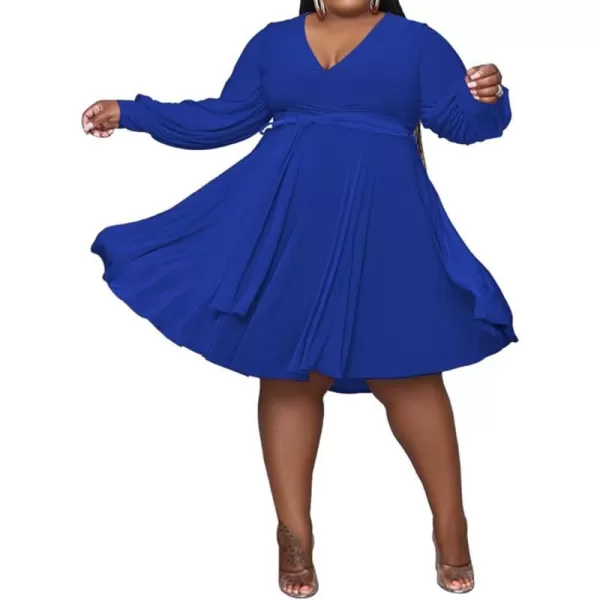 IyMoo Womens Plus Size Cute Shift Dress Belted Ruffle Wrap V Neck Swing Tunic Mini DressSolid Color Blue