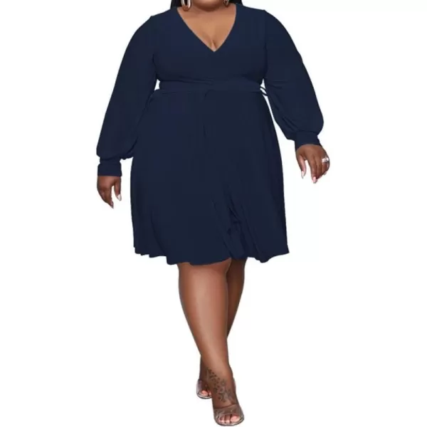 IyMoo Womens Plus Size Cute Shift Dress Belted Ruffle Wrap V Neck Swing Tunic Mini DressSolid Navy Blue