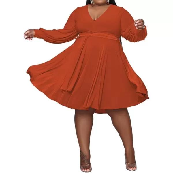 IyMoo Womens Plus Size Cute Shift Dress Belted Ruffle Wrap V Neck Swing Tunic Mini DressSolid Orange