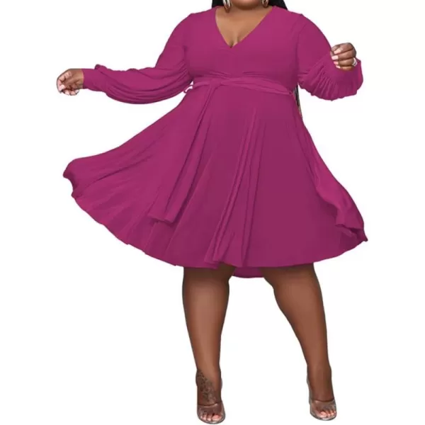 IyMoo Womens Plus Size Cute Shift Dress Belted Ruffle Wrap V Neck Swing Tunic Mini DressSolid Rose Red