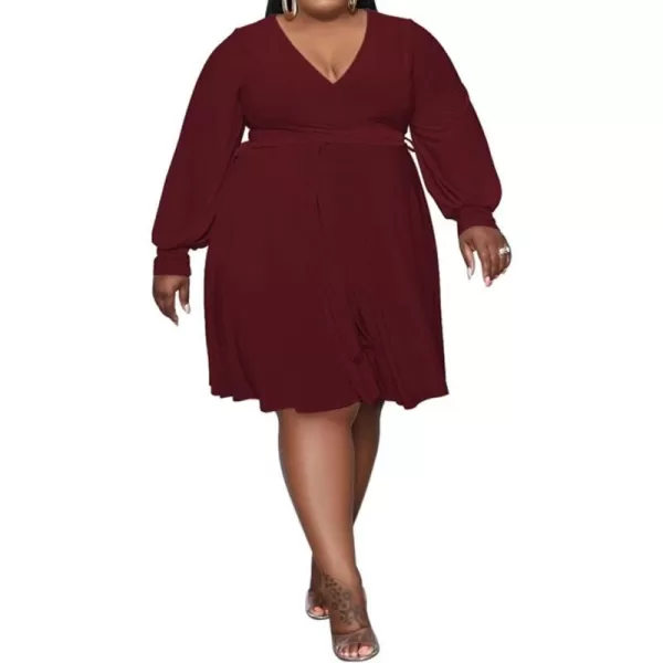 IyMoo Womens Plus Size Cute Shift Dress Belted Ruffle Wrap V Neck Swing Tunic Mini DressSolid Wine Red