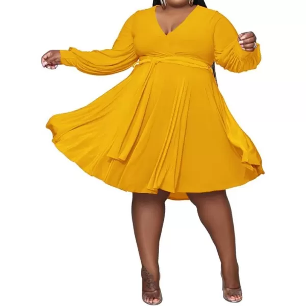 IyMoo Womens Plus Size Cute Shift Dress Belted Ruffle Wrap V Neck Swing Tunic Mini DressSolid Yellow