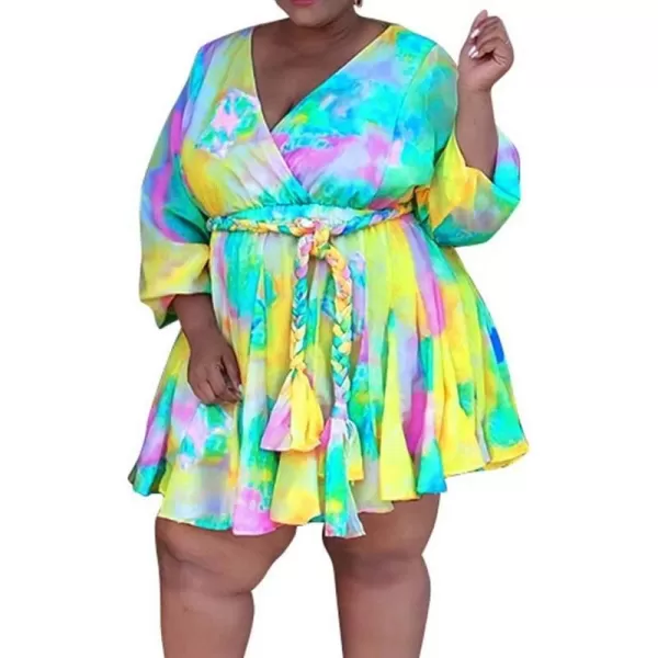 IyMoo Womens Plus Size Cute Shift Dress Belted Ruffle Wrap V Neck Swing Tunic Mini DressYellow