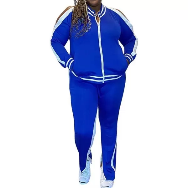 IyMoo Womens Plus Size Jogging Suits Tracksuits Two Piece Stripe Cold Shoulder Sweatshirt amp Long Pants Sweat Suits SetsBlue