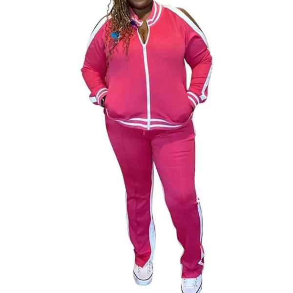 IyMoo Womens Plus Size Jogging Suits Tracksuits Two Piece Stripe Cold Shoulder Sweatshirt amp Long Pants Sweat Suits SetsRose Red