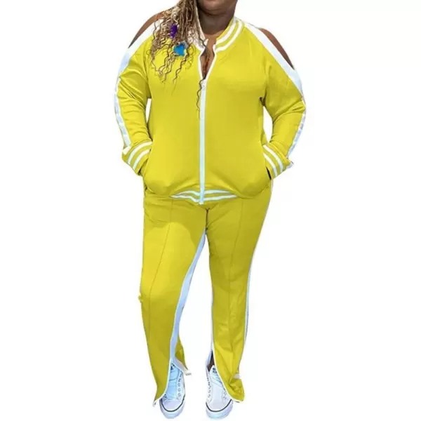 IyMoo Womens Plus Size Jogging Suits Tracksuits Two Piece Stripe Cold Shoulder Sweatshirt amp Long Pants Sweat Suits SetsYellow