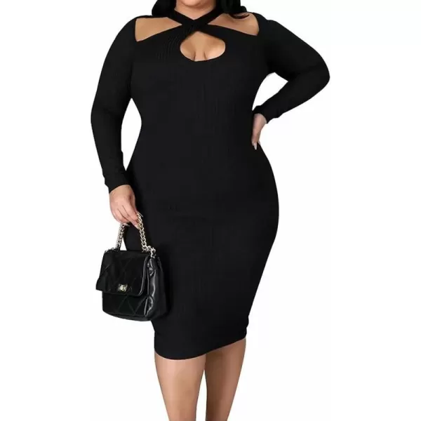 IyMoo Womens Plus Size Sexy Stretchable Long Sleeve Hollow Out Crisscross Sweater Knit Slim Fit Midi DressBlack