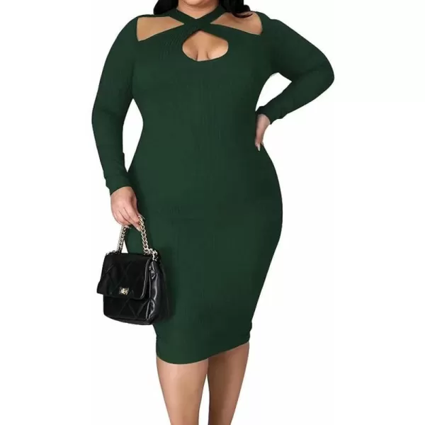IyMoo Womens Plus Size Sexy Stretchable Long Sleeve Hollow Out Crisscross Sweater Knit Slim Fit Midi DressGreen