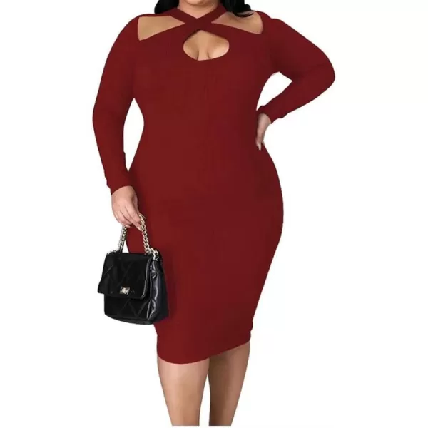 IyMoo Womens Plus Size Sexy Stretchable Long Sleeve Hollow Out Crisscross Sweater Knit Slim Fit Midi DressWine Red