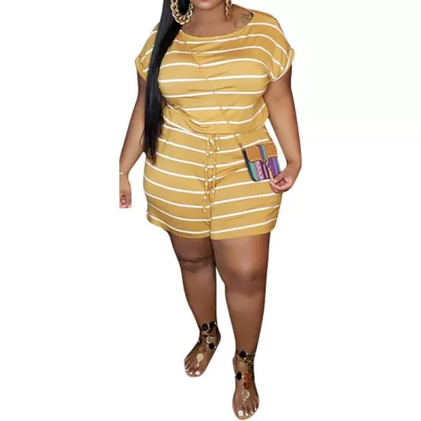 IyMoo Womens Plus Size Summer Solid Jumpsuit Casual Loose Short Sleeve Jumpsuit Rompers with Pockets Elastic Waist PlaysuitYellow Striped