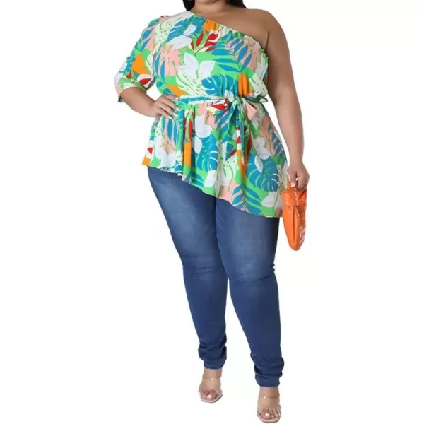 IyMoo Womens Plus Size Tops Hide Belly Tunic Summer One Shoulder Tshirt Casual Dressy Blouses for LeggingsGreen Cyan