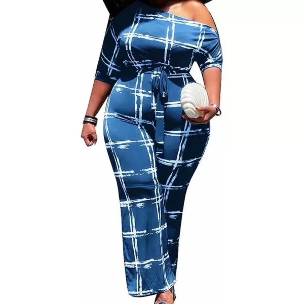 IyMoo Womens Plus Size Wide Leg Slanted One Shoulder Belted Straight Jumpsuits Playsuits051 Blue