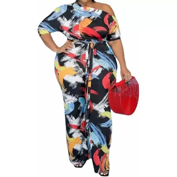 IyMoo Womens Plus Size Wide Leg Slanted One Shoulder Belted Straight Jumpsuits Playsuits051 Multicolored