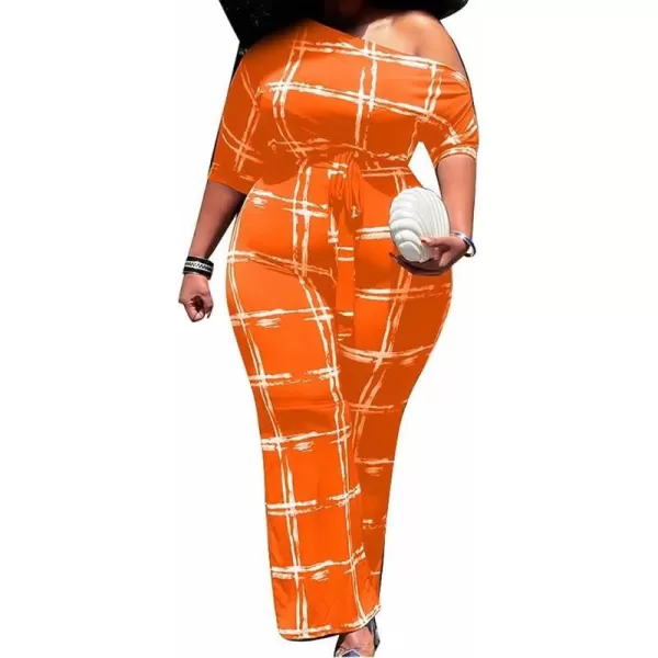 IyMoo Womens Plus Size Wide Leg Slanted One Shoulder Belted Straight Jumpsuits Playsuits051 Orange
