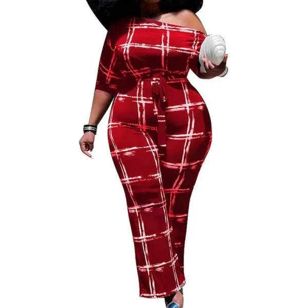 IyMoo Womens Plus Size Wide Leg Slanted One Shoulder Belted Straight Jumpsuits Playsuits051 Red