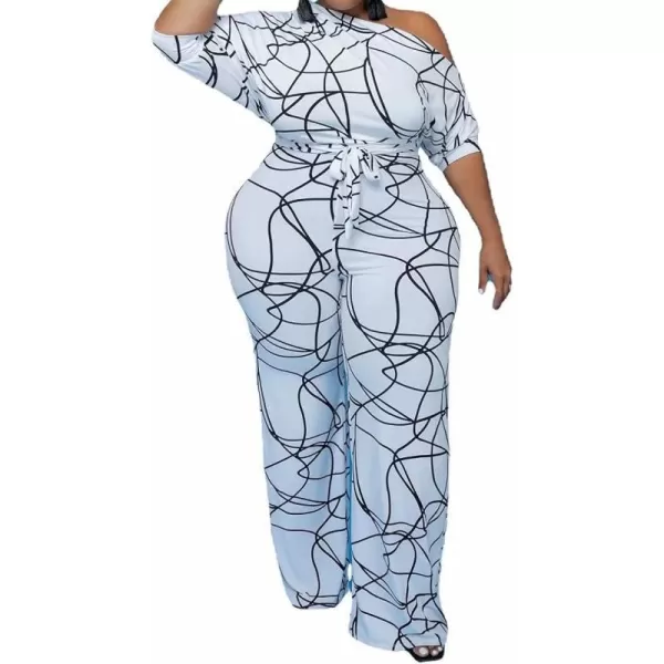 IyMoo Womens Plus Size Wide Leg Slanted One Shoulder Belted Straight Jumpsuits Playsuits322 White