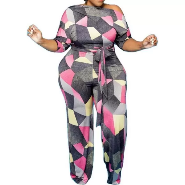 IyMoo Womens Plus Size Wide Leg Slanted One Shoulder Belted Straight Jumpsuits Playsuits859 Pink