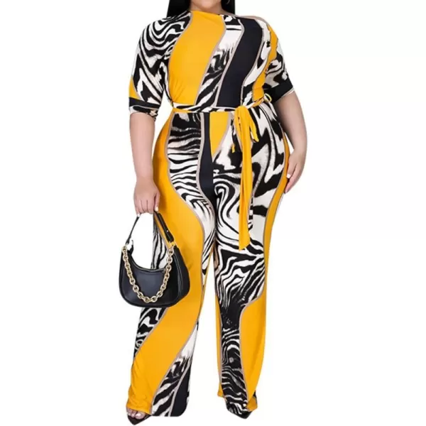 IyMoo Womens Plus Size Wide Leg Slanted One Shoulder Belted Straight Jumpsuits Playsuits870 Yellow