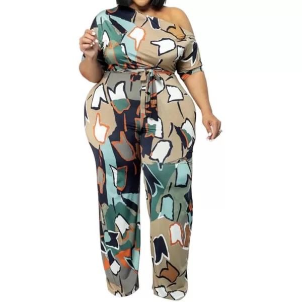 IyMoo Womens Plus Size Wide Leg Slanted One Shoulder Belted Straight Jumpsuits Playsuits902 Apricot Stripe