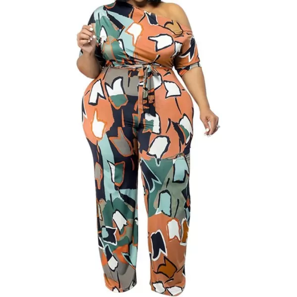IyMoo Womens Plus Size Wide Leg Slanted One Shoulder Belted Straight Jumpsuits Playsuits902 Orange