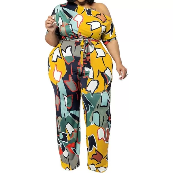 IyMoo Womens Plus Size Wide Leg Slanted One Shoulder Belted Straight Jumpsuits Playsuits902 Yellow