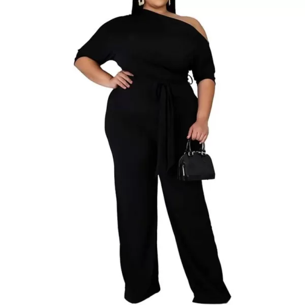 IyMoo Womens Plus Size Wide Leg Slanted One Shoulder Belted Straight Jumpsuits PlaysuitsBlack