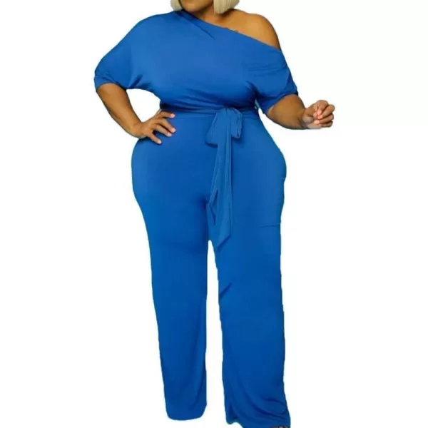 IyMoo Womens Plus Size Wide Leg Slanted One Shoulder Belted Straight Jumpsuits PlaysuitsBlue