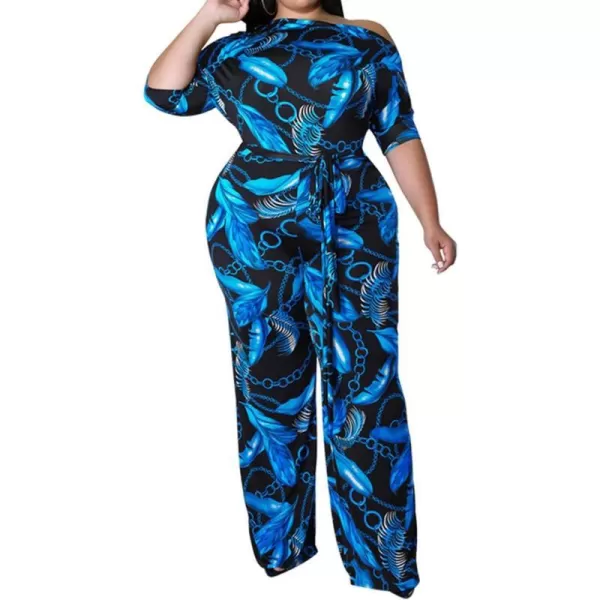 IyMoo Womens Plus Size Wide Leg Slanted One Shoulder Belted Straight Jumpsuits PlaysuitsChian Blue
