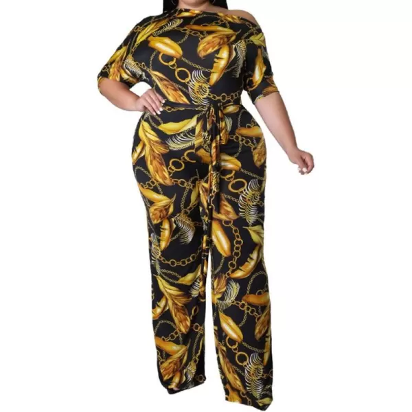 IyMoo Womens Plus Size Wide Leg Slanted One Shoulder Belted Straight Jumpsuits PlaysuitsChian Gold