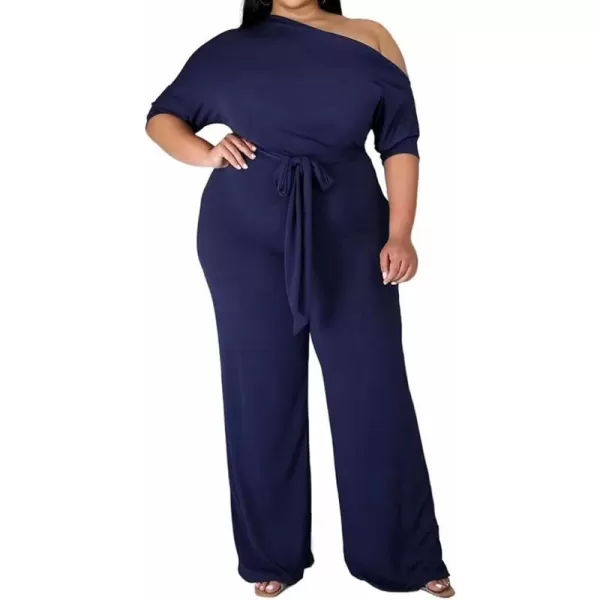 IyMoo Womens Plus Size Wide Leg Slanted One Shoulder Belted Straight Jumpsuits PlaysuitsDark Blue
