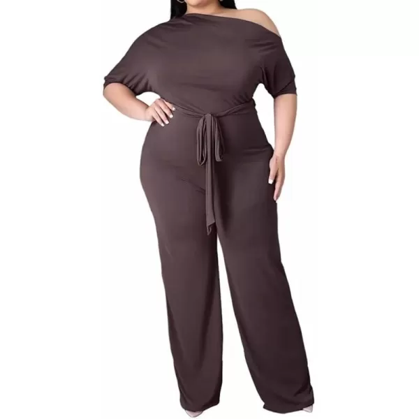 IyMoo Womens Plus Size Wide Leg Slanted One Shoulder Belted Straight Jumpsuits PlaysuitsDark Coffee