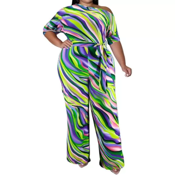 IyMoo Womens Plus Size Wide Leg Slanted One Shoulder Belted Straight Jumpsuits PlaysuitsGreen Multi Stripe