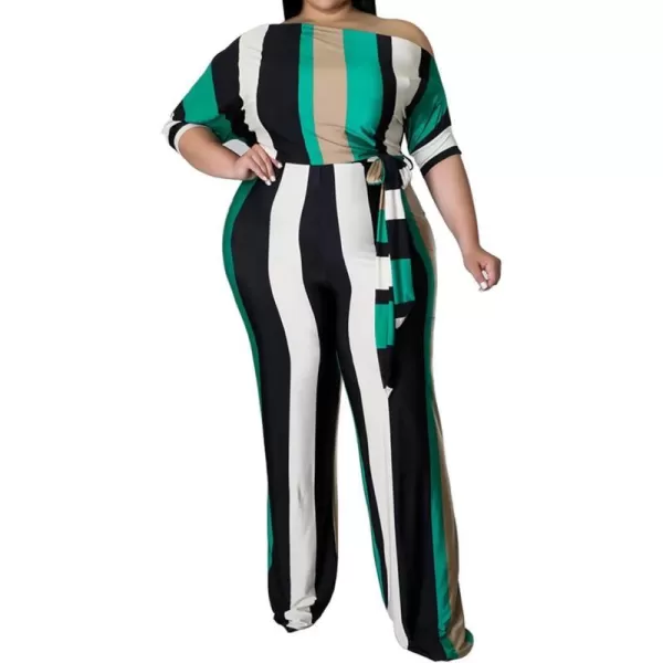 IyMoo Womens Plus Size Wide Leg Slanted One Shoulder Belted Straight Jumpsuits PlaysuitsGreen Stripe