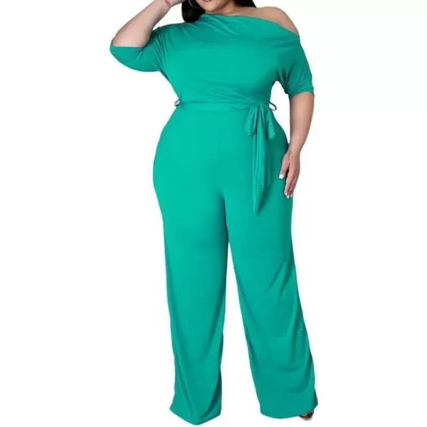 IyMoo Womens Plus Size Wide Leg Slanted One Shoulder Belted Straight Jumpsuits PlaysuitsLake Blue