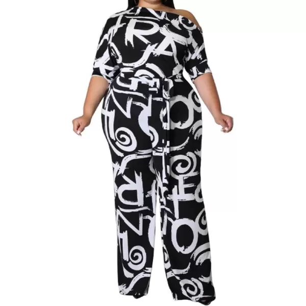 IyMoo Womens Plus Size Wide Leg Slanted One Shoulder Belted Straight Jumpsuits PlaysuitsLetter Black