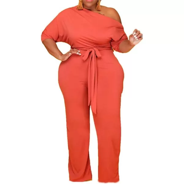 IyMoo Womens Plus Size Wide Leg Slanted One Shoulder Belted Straight Jumpsuits PlaysuitsOrange